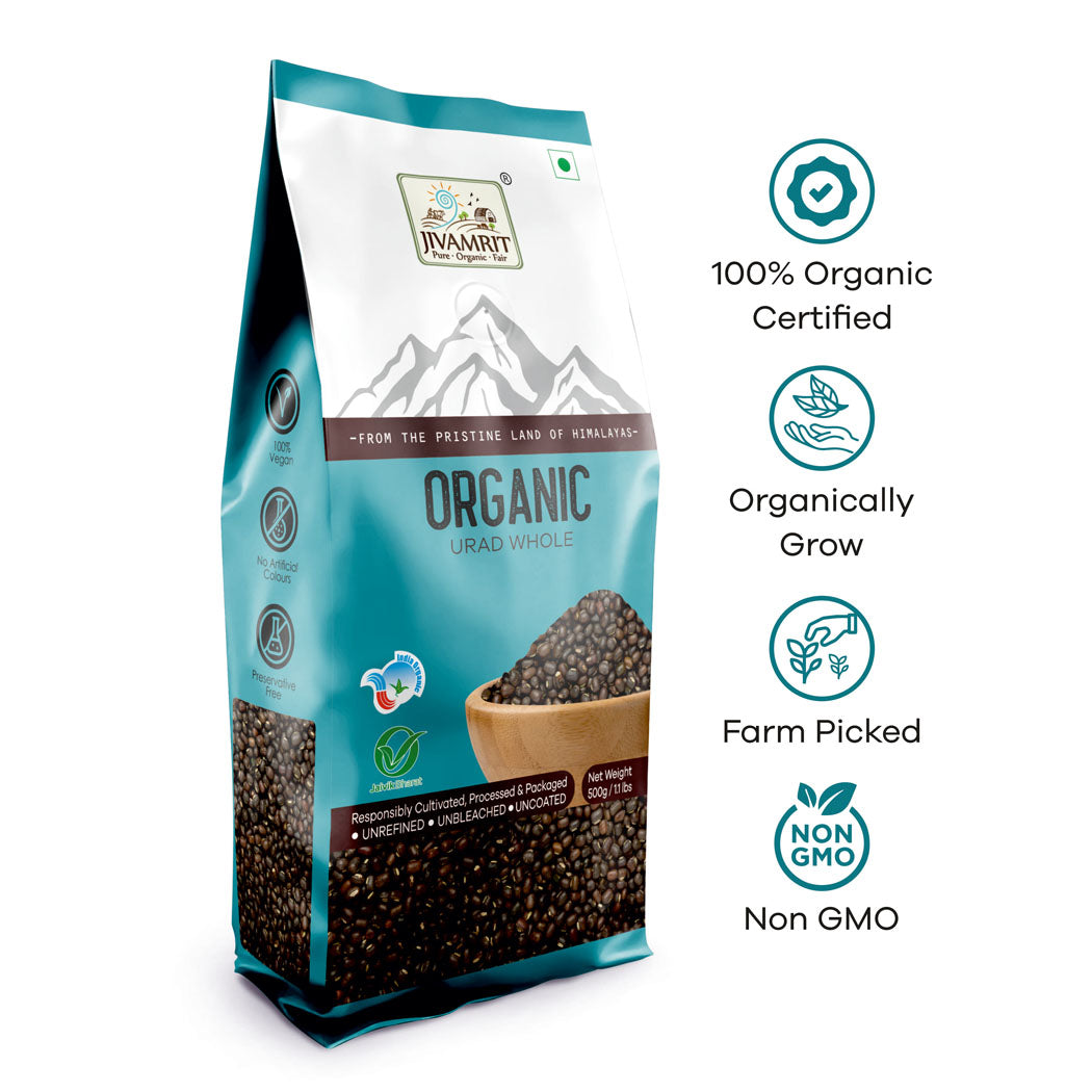 Organic Black Urad Dal Whole 500 Gram - 100% Vegan, Unpolished, Gluten Free and No Pesticides
