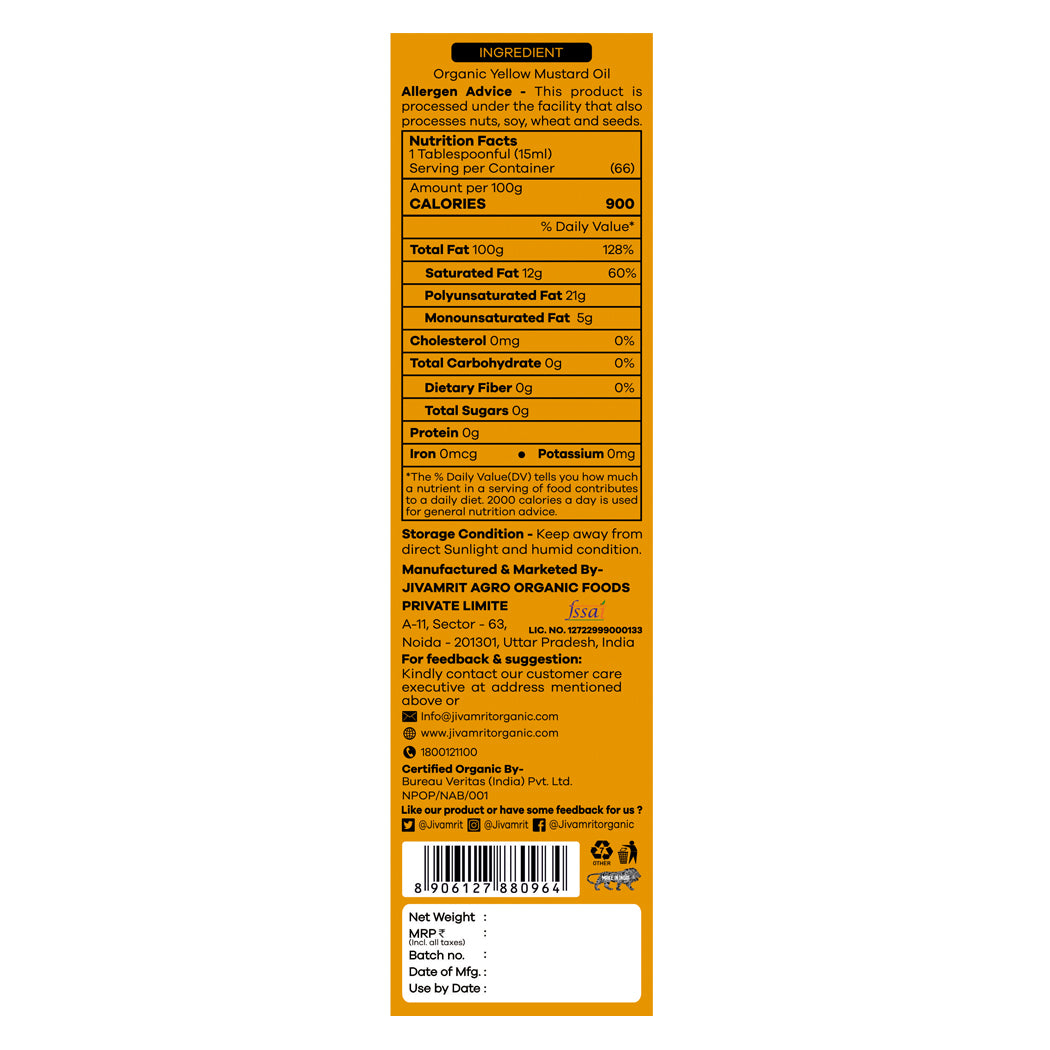 Organic Cold Pressed Yellow Mustard Oil 1 Ltr - Argemone Free